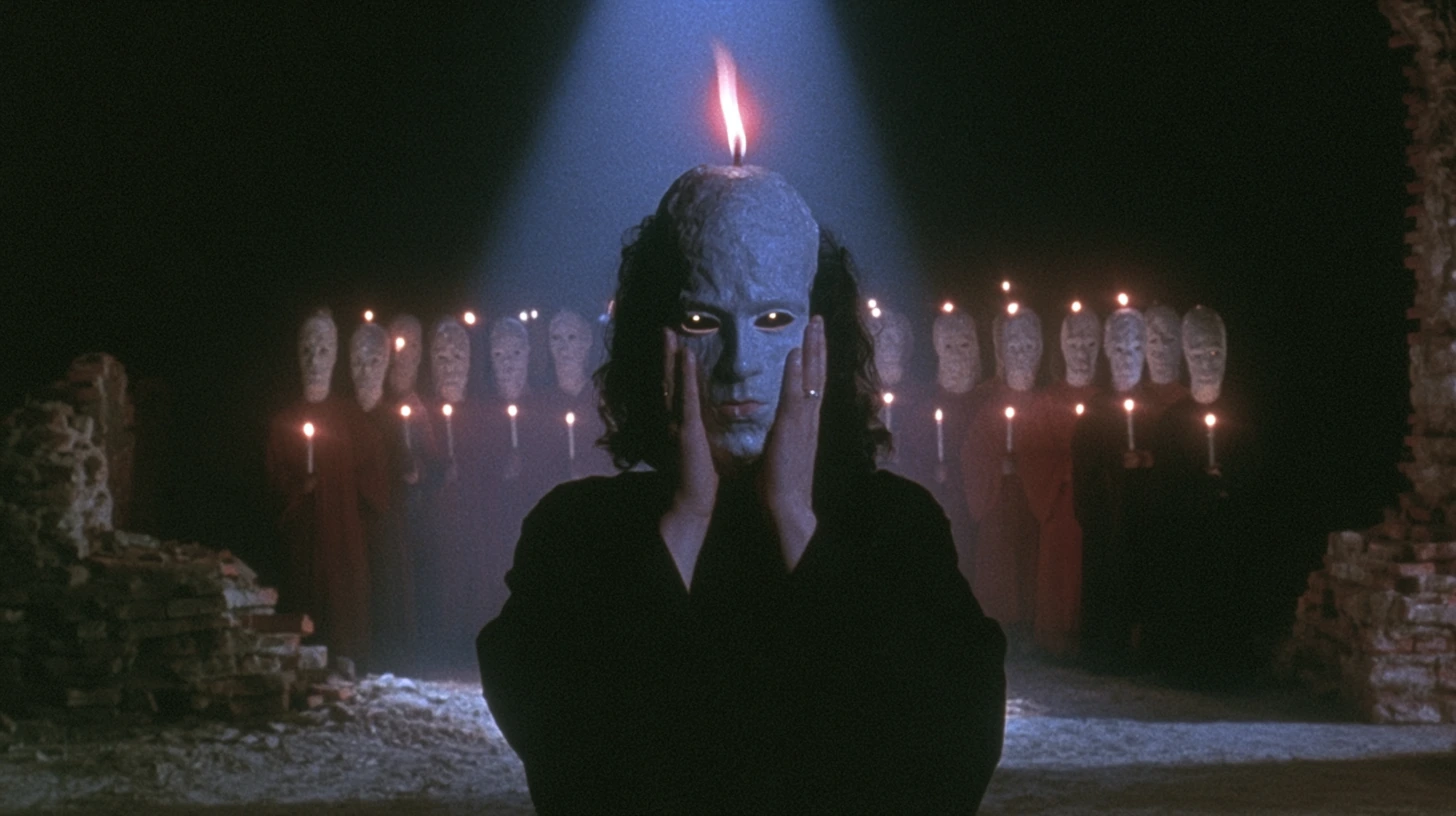 A masked figure lit by a candle flame before a candlelit crowd