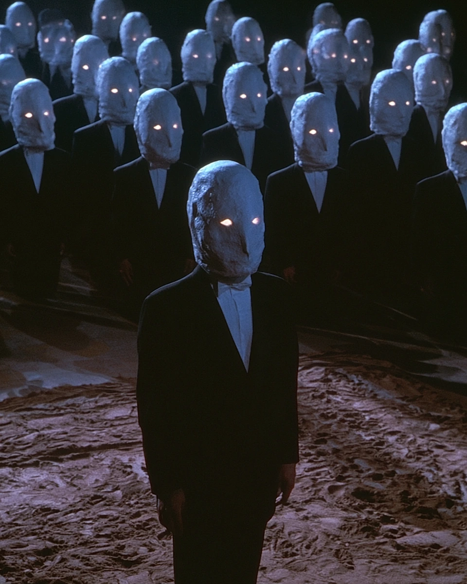 A crowd of masked figures with glowing eyes standing in darkness