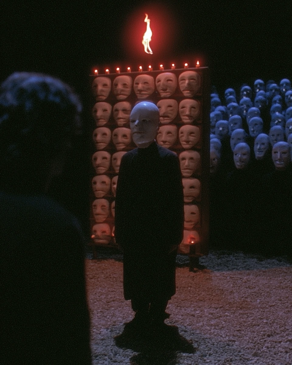 A masked figure standing before a wall of faces and candles