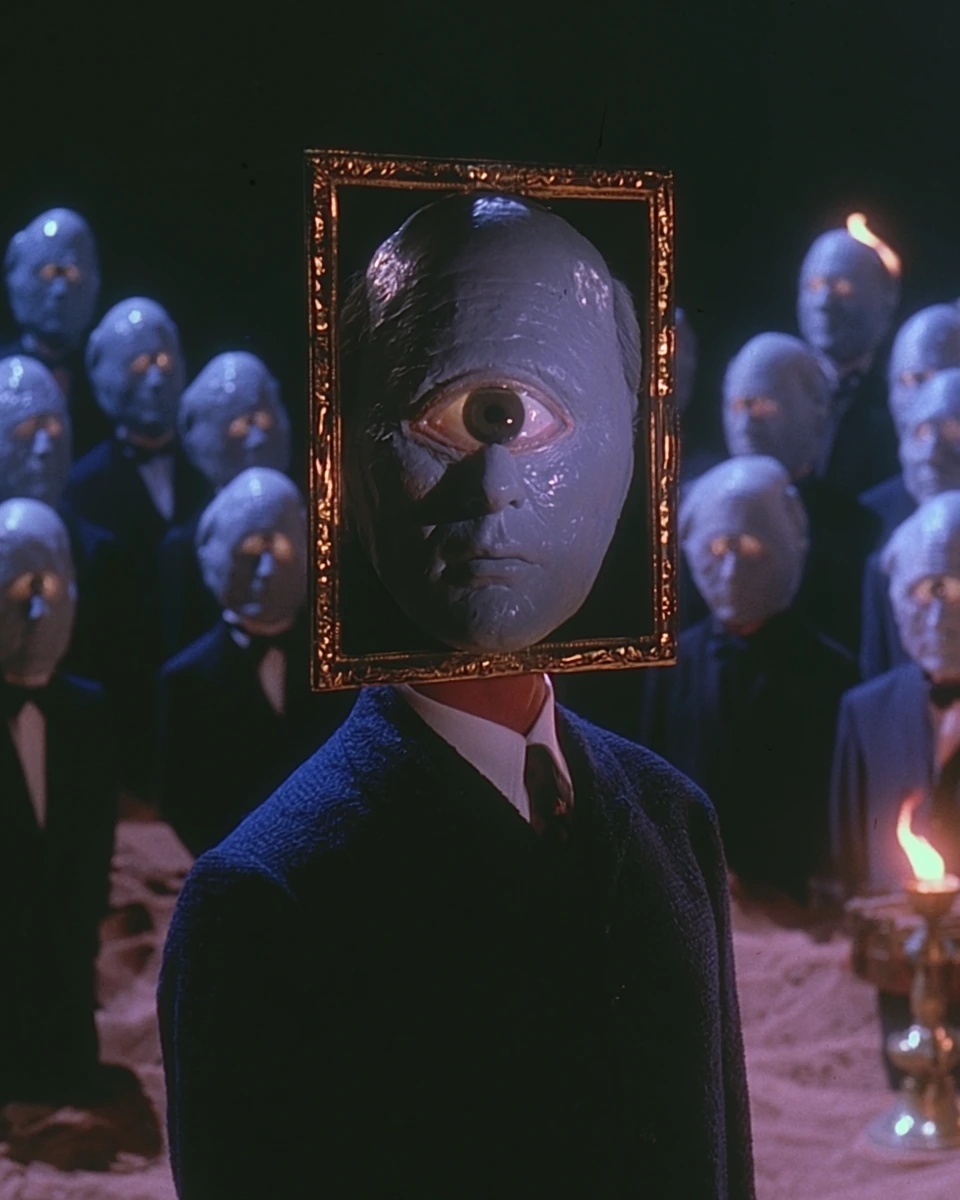 A figure with a framed eye mask standing among a watching crowd